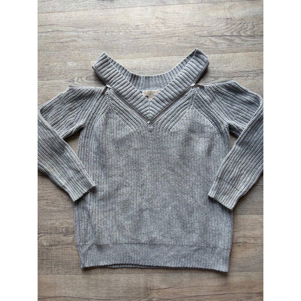 MICHAEL KORS Sweater Women's XL Gray Open Shoulder Zipper V-neck Classic‎